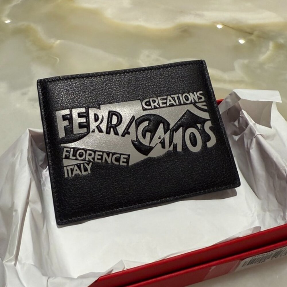 Mens Salvatore Ferragamo Venna Logo Leather Card Case Card Holder Wallet